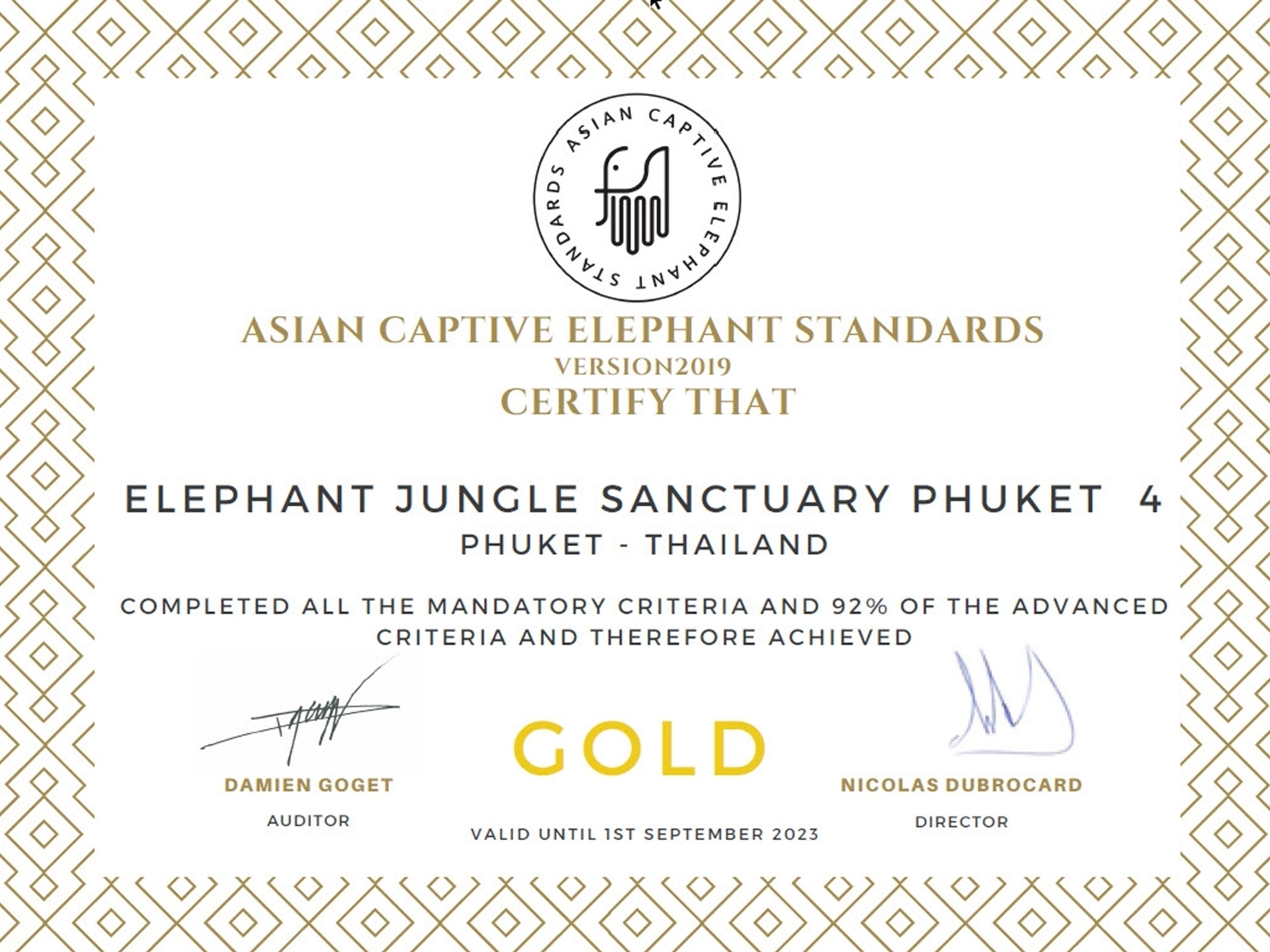 Pic - Elephant Jungle Sanctuary Phuket - Certificate - Best Phuket Travel